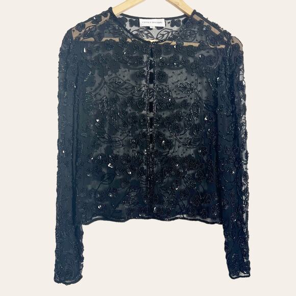 Vintage Cecily Brown Black Floral Sequin Beaded Sheer Mesh Jacket Size Small - Picture 1 of 9